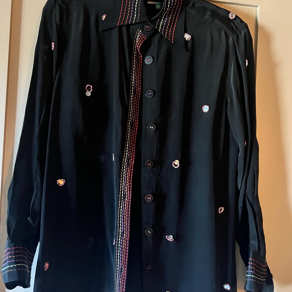 FARM Rio Black Button Down Shirt with Embroidered Accents